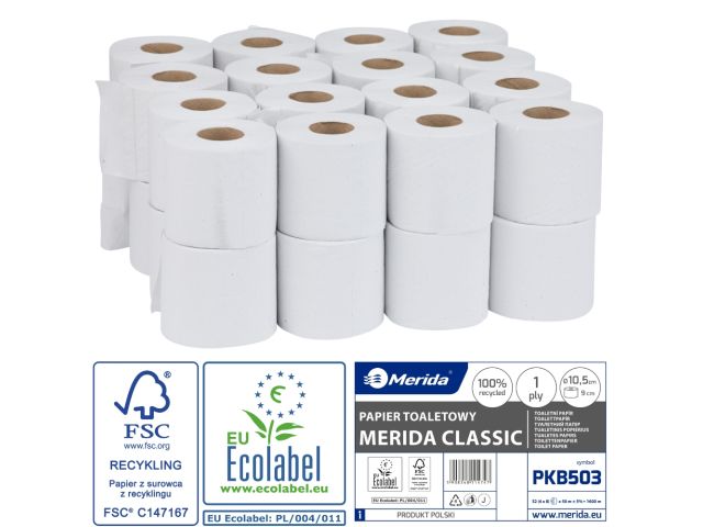 MERIDA CLASSIC roll toilet paper, white, 1-ply, 11 cm diameter, recycled paper, 50 m (32 rolls / pack.), ECOLABEL